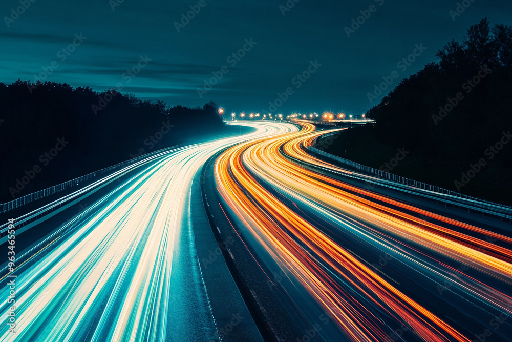 Highway in evening. Long exposure photo. White and red lines from car headlights