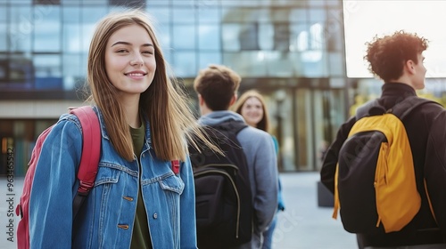 A group of young people walking down a sidewalk with backpacks