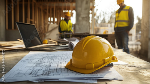 A professional photograph depicts three workers wearing yellow safety helmets, standing in the background with an open laptop and blueprints on their table in front of them