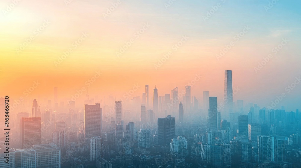 Smog-filled city skyline with heavy air pollution and a visible heat haze, illustrating the impact of global warming on urban environments Smog-filled city skyline with heavy air pollution and a visible heat haze, illustrating the impact of global warming on urban environments