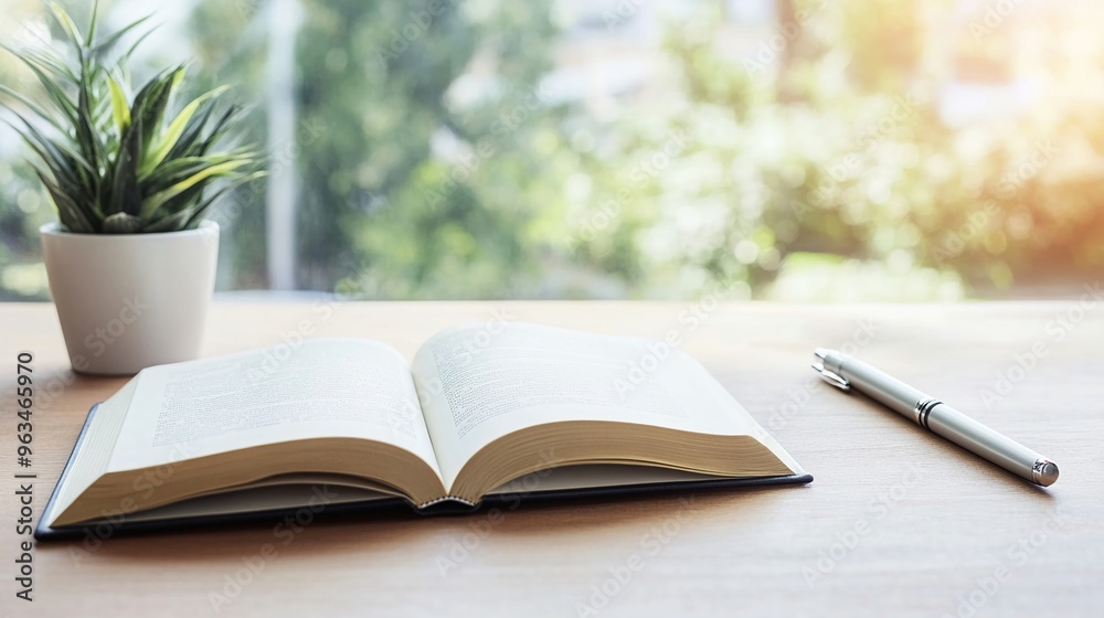 Freshly opened book with a pen beside it Freshly opened book with a pen beside it