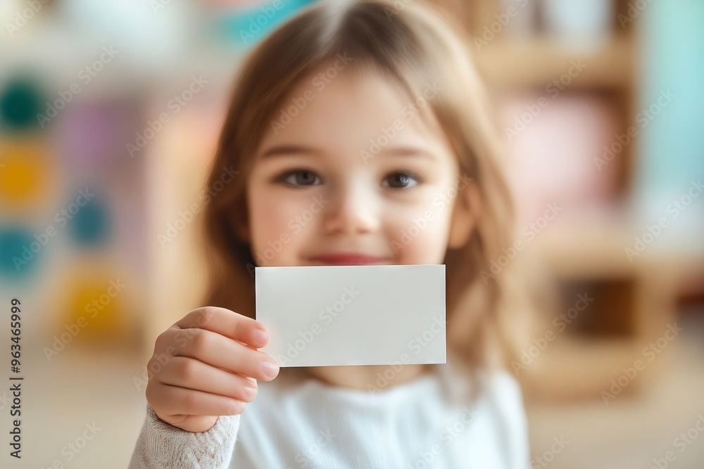 A little girl holding a blank business card in her hand A little girl holding a blank business card in her hand