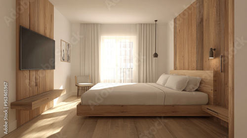 An interior design of a modern hotel room with wooden wall panels, white walls, and a light wood floor