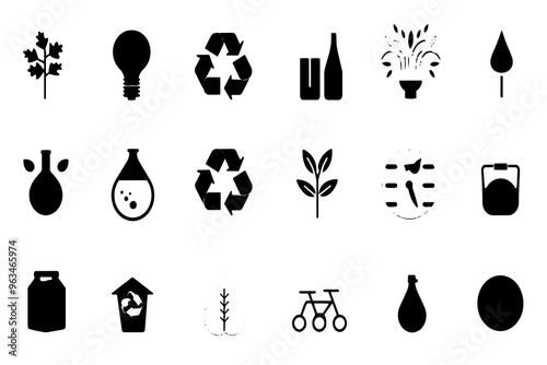 Set of eco-friendly icons featuring recycling symbols, plants, laboratory flasks, light bulbs, and environmental elements for sustainability, green living, and eco-conscious designs.