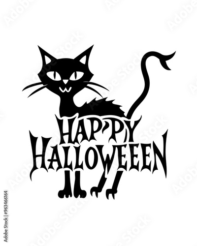 Vector Illustration of Halloween Cat with 'Happy Halloween' Text on Transparent Background