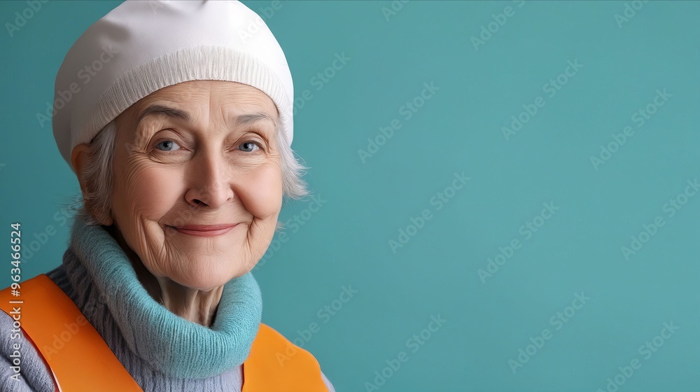 An elderly woman wearing a white hat and orange vest An elderly woman wearing a white hat and orange vest