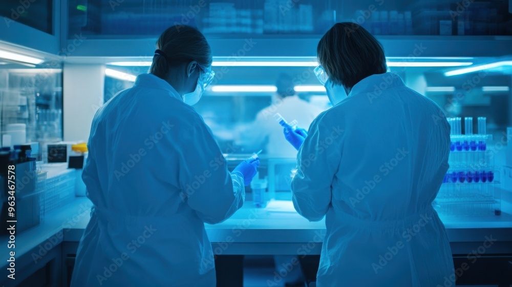 Obraz premium Biotechnology lab illuminated by blue light, researchers working on DNA modifications random add