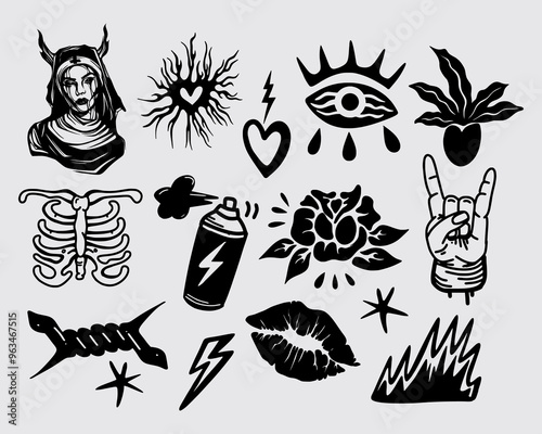Anti design ink collage clip art streetwear element brutalism element shape asset acid poster, tattoo style, illustration vector creepy icon, symbol editable