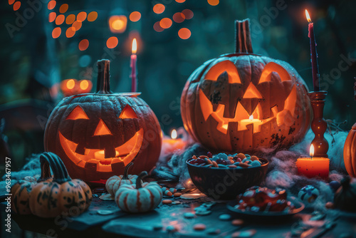 A spooky Halloween scene featuring beautifully carved jack-o'-lanterns, eerie candles, and festive candy bowls, creating a thrilling atmosphere.. AI generated.