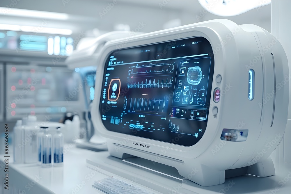 Cutting-Edge Medical Diagnostic Device with Advanced Sensors and Data Displays in a Clean Laboratory Setting Cutting-Edge Medical Diagnostic Device with Advanced Sensors and Data Displays in a Clean Laboratory Setting