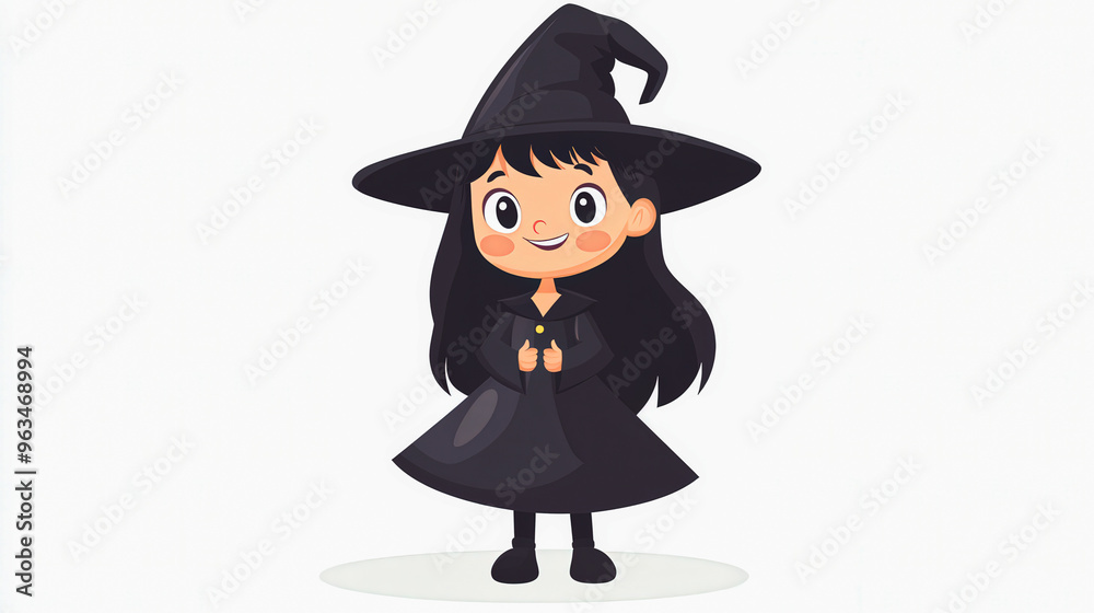 Cute little girl dressed as a witch in a black hat and robe, smiling happily. Halloween-themed cartoon illustration. Cute little girl dressed as a witch in a black hat and robe, smiling happily. Halloween-themed cartoon illustration.