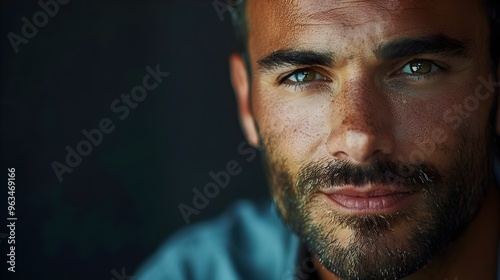 Intense Close-Up Portrait Handsome Man Deep Eyes Charming Expression. AI Generated