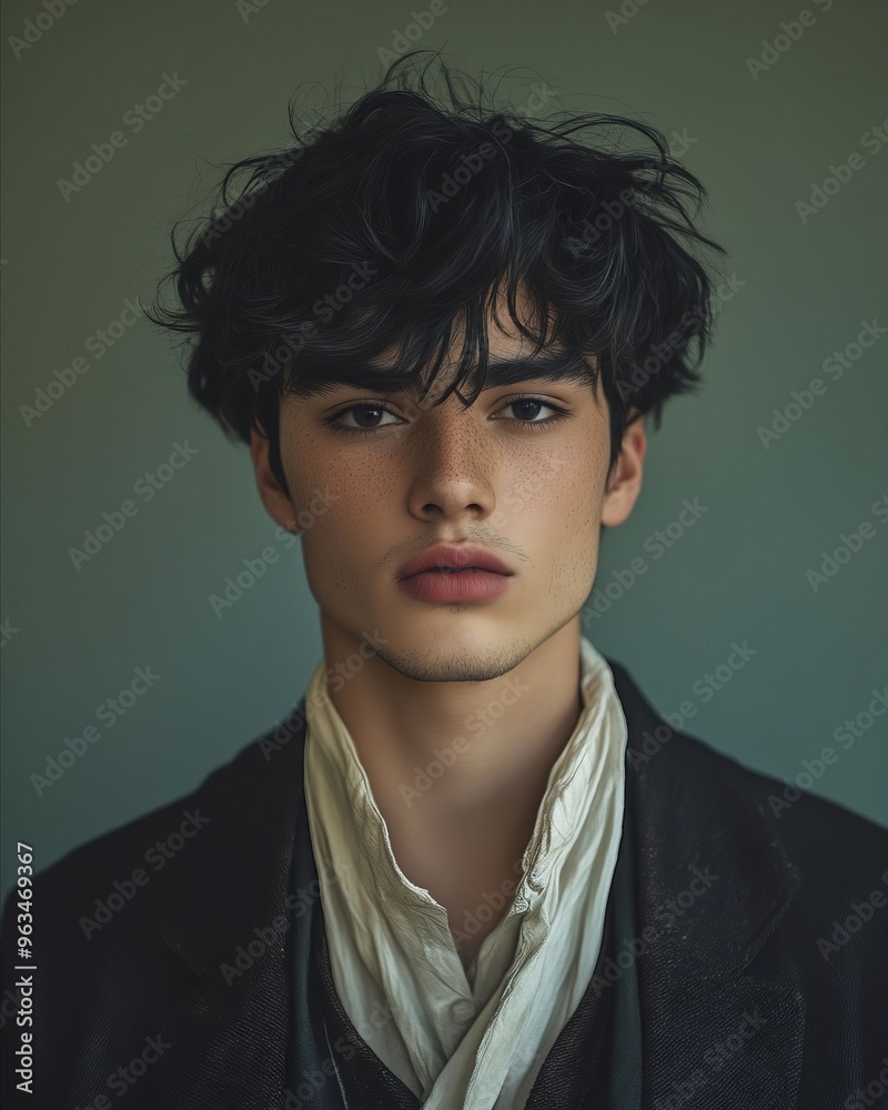 A young man with black hair wearing a black jacket and white shirt A young man with black hair wearing a black jacket and white shirt