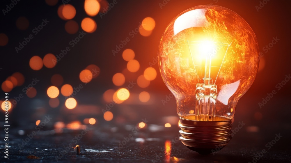 Glowing electric light bulb on black background, symbol of energy, innovation, and ideas Glowing electric light bulb on black background, symbol of energy, innovation, and ideas