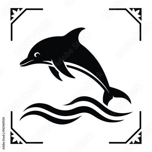 Minimalist vector illustration of a dolphin leaping over stylized waves, ideal for aquatic designs.