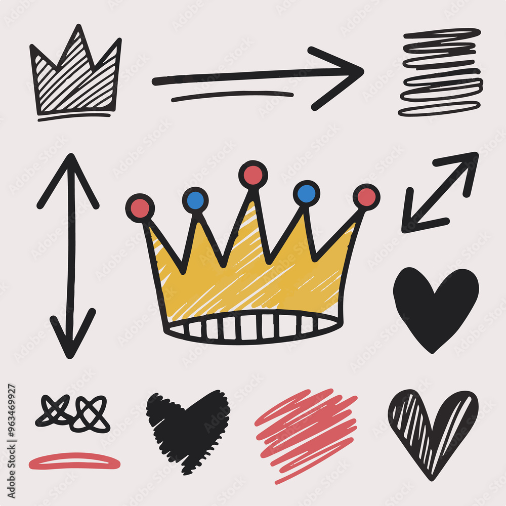 Doodle-style crown, hearts, and arrows illustration.. Doodle-style crown, hearts, and arrows illustration..
