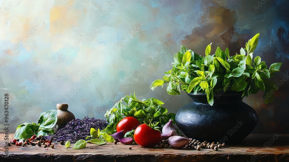 Still Life with Tomatoes, Garlic, Herbs, and Spices Still Life with Tomatoes, Garlic, Herbs, and Spices
