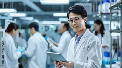 The Scientist with Tablet Smiling