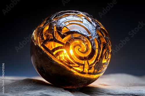 Glass sphere, etched with intricate designs that seem to tell the story of an ancient civilization long forgotten photo