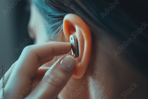 Close-up of Person Adjusting Hearing Aid Device photo