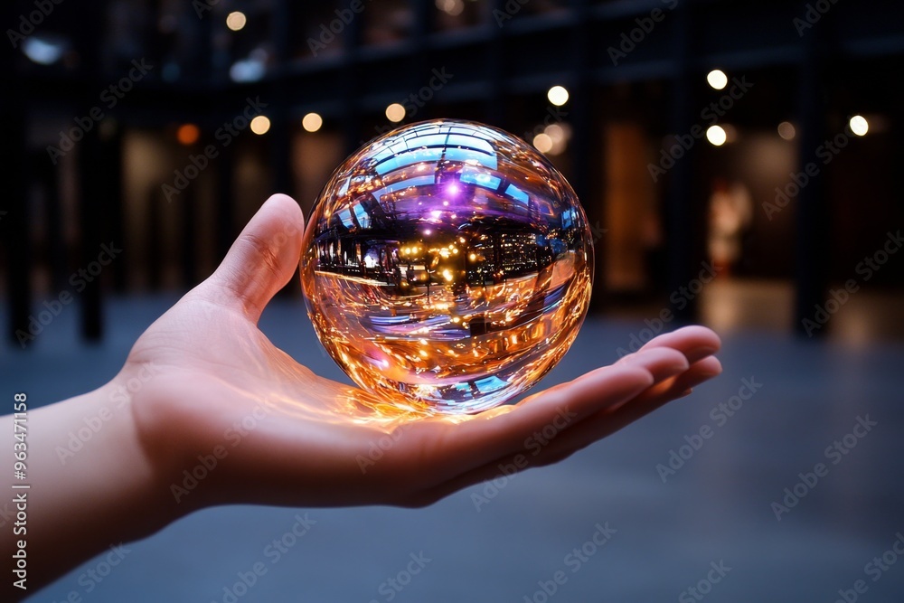Fototapeta premium Glass sphere, floating in mid-air, glowing softly with an ethereal light that pulses like a heartbeat