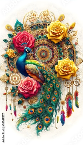 Flowers and a peacock surround a peacock golden with colored roses and mandala