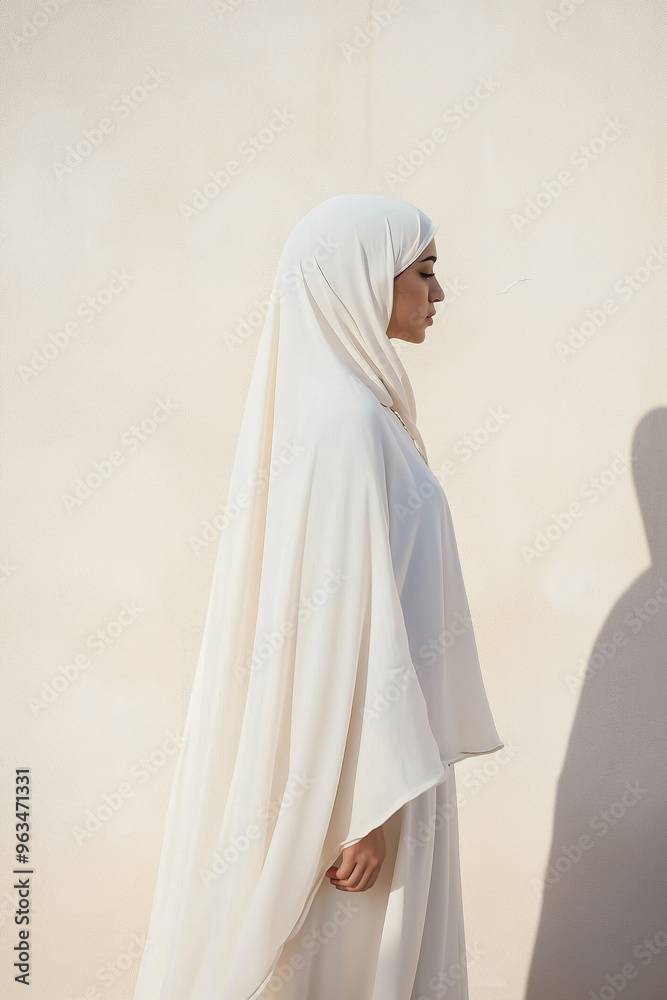 Side profile of a woman in a flowing cream-colored hijab, standing gracefully in minimalist light, casting a soft shadow on a neutral beige background. Side profile of a woman in a flowing cream-colored hijab, standing gracefully in minimalist light, casting a soft shadow on a neutral beige background.