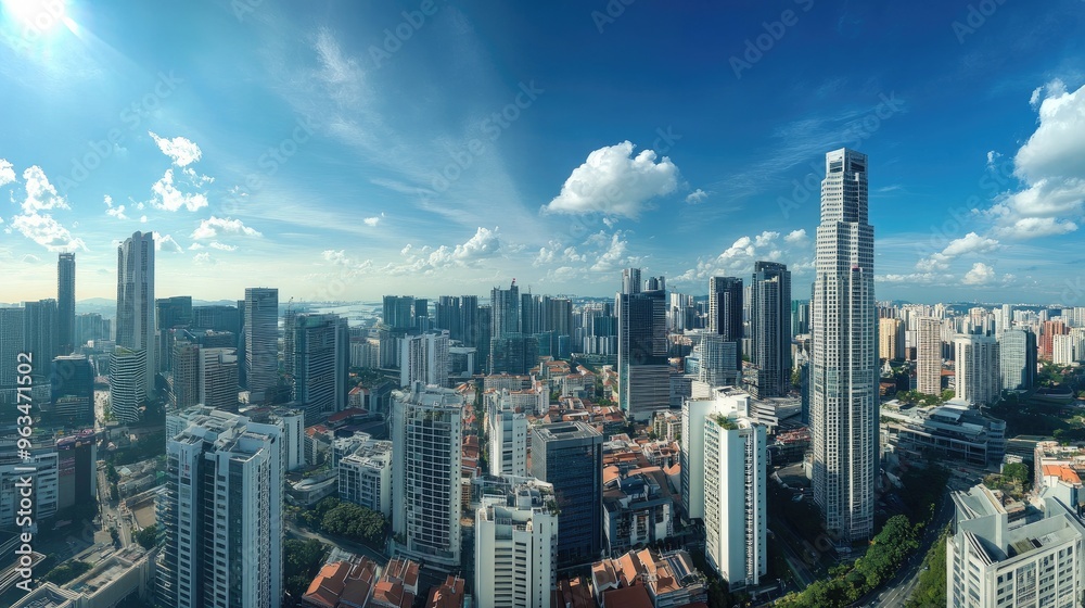 Wide-angle view of a cityscape with multiple high-rise buildings, capturing the architectural diversity and scale of the urban environment Wide-angle view of a cityscape with multiple high-rise buildings, capturing the architectural diversity and scale of the urban environment