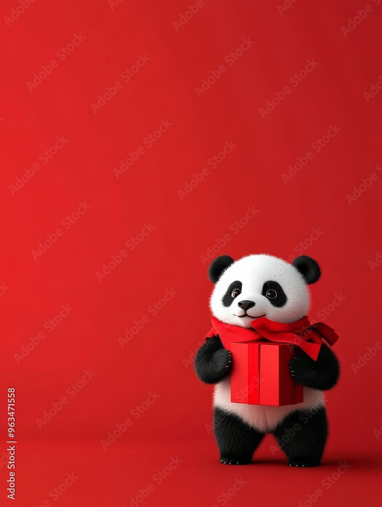 A charming and adorable panda bear stands on a red background, holding a red gift box. The panda is wearing a red scarf, adding a festive touch. This image embodies cuteness, joy, celebration, and the A charming and adorable panda bear stands on a red background, holding a red gift box. The panda is wearing a red scarf, adding a festive touch. This image embodies cuteness, joy, celebration, and the