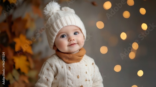 A charming baby girl wearing a white knitted hat and matching sweater, with a soft brown scarf around her neck.  The baby is looking to the side with a sweet expression, adding warmth and innocence. T photo