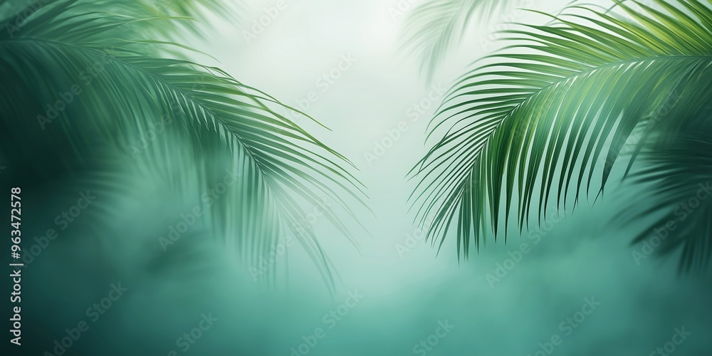 Palm leaves blurred by fog in a minimalist green composition, with soft light highlighting the delicate texture of the leaves against a pale background. Palm leaves blurred by fog in a minimalist green composition, with soft light highlighting the delicate texture of the leaves against a pale background.