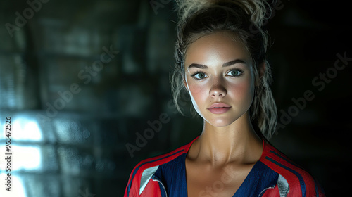 A striking portrait of a young woman with a focused, intense gaze, set against a dark, moody background. Soft lighting highlights her facial features and athletic outfit. 