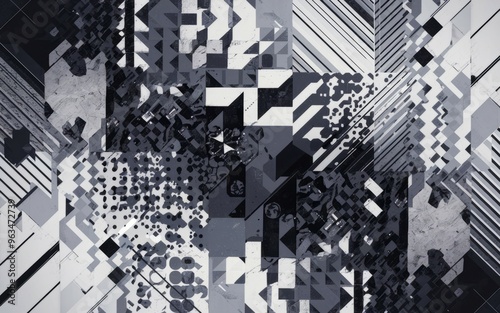 Abstract geometric pattern. Monochrome geometric design with a chaotic, fragmented look. Perfect for digital art, graphic design, and technology themes. photo