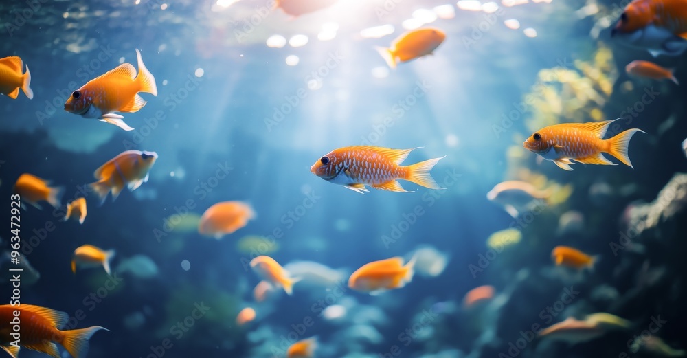 A vibrant school of orange fish swims gracefully through crystal-clear water, bathed in sunlight.