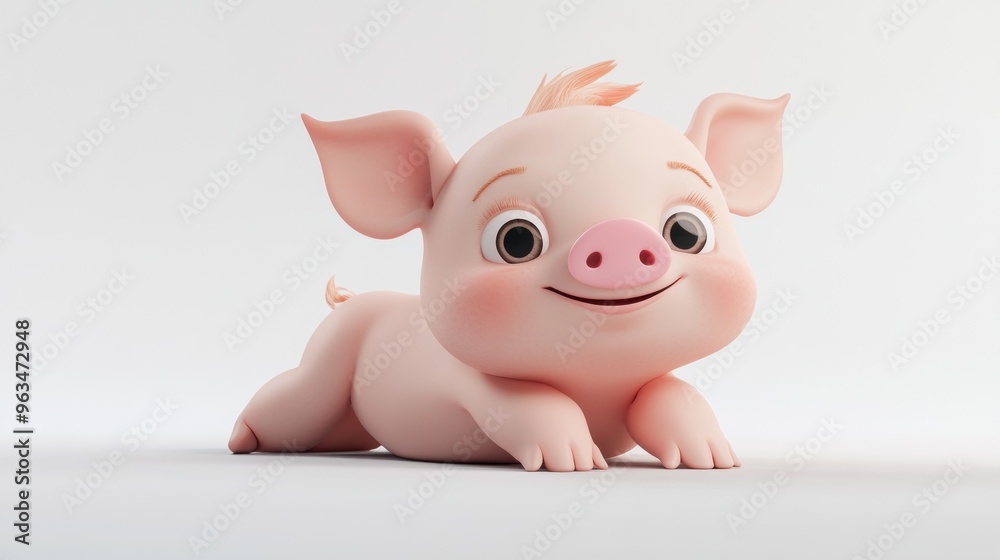 A cute, cartoonish piglet with a friendly expression, lying down playfully. A cute, cartoonish piglet with a friendly expression, lying down playfully.