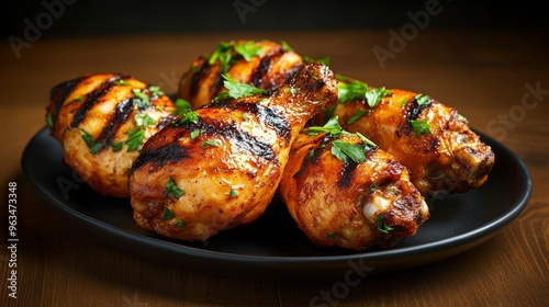 A close-up of four succulent grilled Caribbean jerk chicken drumsticks, seasoned with a blend of spices and herbs, resting on a black plate. The chicken is golden brown and crispy, with visible grill  photo