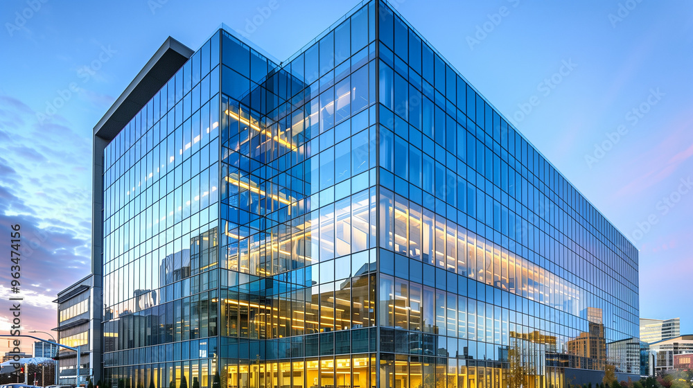 Fototapeta premium Modern glass office building at sunset, urban skyline reflection