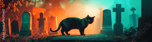 A mysterious black cat prowls through a foggy graveyard, illuminated by eerie light and shadows from ancient tombstones.