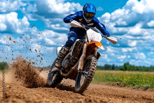 Horse on a powerful motorbike, galloping down a dirt road with wheels spinning and hooves barely touching the ground photo