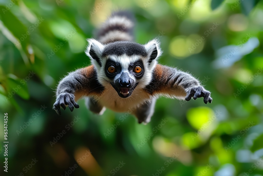 Obraz premium Lemur on a stunt bike, flipping and spinning through the jungle canopy as it performs daring tricks, leaping between branches and trails