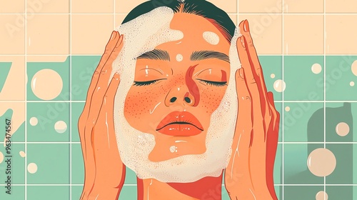 A serene moment of self-care as a woman gently washes her face, surrounded by soft bubbles and a calming backdrop.