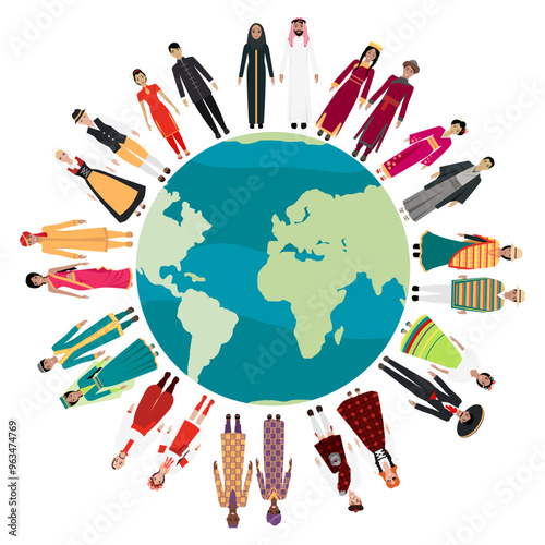 People in traditional dress from different regions standing around a world map. For cultural diversity, global unity, tradition, multiculturalism, world heritage, cultural representation, inclusion.