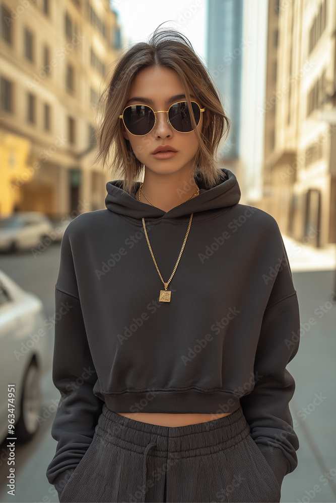 A luxury streetwear outfit with a designer hoodie businesswoman walks confidently through bustling city street, surrounded by autumn foliage