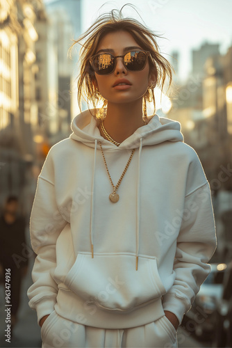Obraz na płótnie A luxury streetwear outfit with a designer hoodie businesswoman walks confidently through bustling city street, surrounded by autumn foliage w salonie