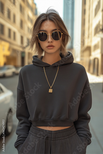 Obraz na płótnie A luxury streetwear outfit with a designer hoodie businesswoman walks confidently through bustling city street, surrounded by autumn foliage w salonie