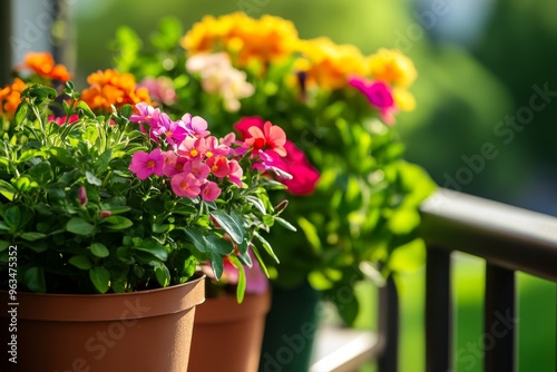 Wallpaper Mural A collection of colorful flowers, including pink, red, and yellow, grow in terracotta pots on a balcony, bathed in warm sunlight. The scene symbolizes beauty, nature, growth, and the joy of simple ple Torontodigital.ca