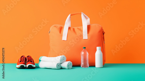 Orange gym bag with workout essentials including sneakers and towels on colorful background photo