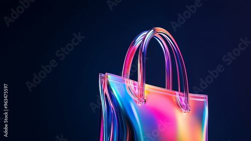 Iridescent holographic handbag in vibrant rainbow colors on dark background photo