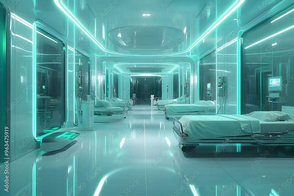 Futuristic Hospital Ward With Patients Undergoing Non-Invasive Robotic Treatments In Gleaming Chrome And Glass Ambiance Futuristic Hospital Ward With Patients Undergoing Non-Invasive Robotic Treatments In Gleaming Chrome And Glass Ambiance