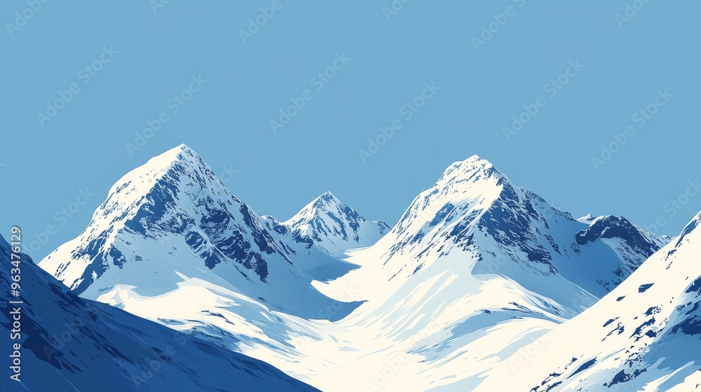 Snow-Covered Mountain Range with Blue Sky and Top Text Space Snow-Covered Mountain Range with Blue Sky and Top Text Space